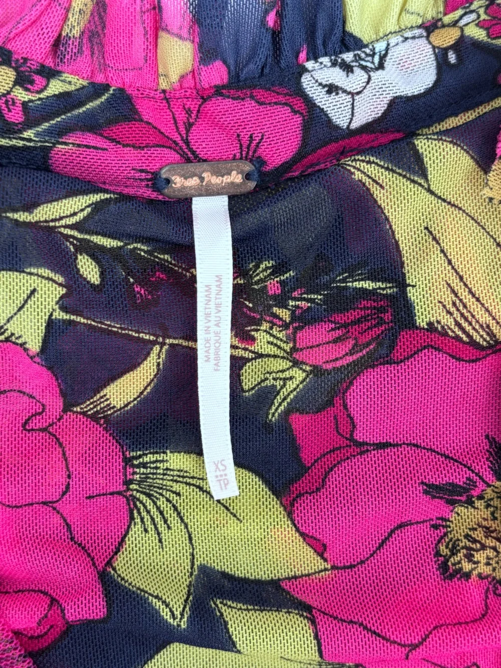 Free People Black Blouse with Fuchsia Floral Print